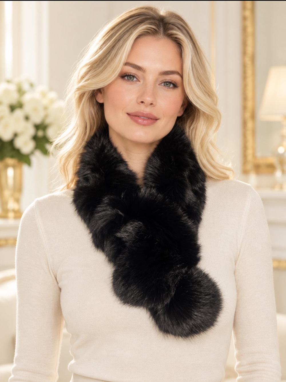 Gorgeous Classic Black genuine rabbit Fur Neck Wrap with pompom ❤️24x4